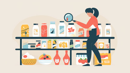 Detailed Art of a Person Using a Magnifying Glass to Inspect Grocery Items