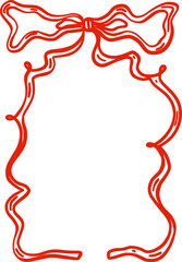 Cute decorative vector frame of ribbon bow. Vintage clipart element in hand-drawn style. Isolated decoration in red color. Suitable for wedding or birthday invitation, poster, menu, greeting card.