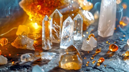 Beautiful arrangement of precious crystals on a textured surface. Sparkling gemstones and raw crystal formations in colorful light. Perfect for mystical decor and holistic design. AI