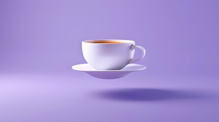 Floating white coffee cup with shadow on a purple background. Abstract and minimalist style. Perfect for marketing, blogs, and websites about coffee or modern design. AI