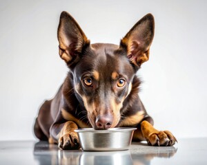 Australian Kelpie dog eating from a bowl on a plain white background.