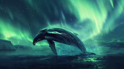 Obraz premium Whale Breaching Beneath Dreamy Aurora Display