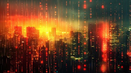 Obraz premium Futuristic Cityscape with Digital Code Overlay