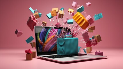 Illustration of a personalized online shopping experience, with a laptop and shopping items in the background.