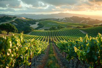 Naklejka premium A picturesque vineyard nestled in rolling hills, offering wine tastings against a backdrop of breathtaking scenery. Concept of vineyard escape and culinary delight. Generative Ai.