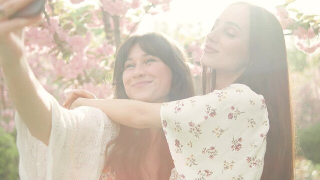 Two happy bloggers shooting selfie on smartphone in blossomed cherry sakura trees