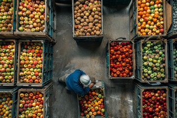 Top view of worker standing by apple fruit crates in organic food factory warehouse