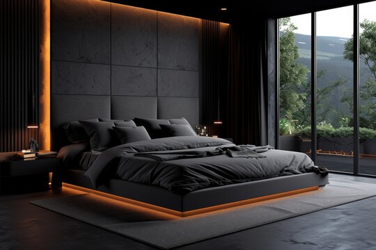 Luxurious bedroom with dark walls and plush bedding, creating a cozy and sophisticated environment perfect for restful sleep
