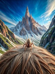Spider on Hair with Mountains in Background