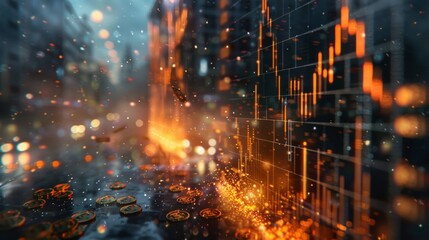 Falling Dollar Bills and Coins with Blurred Stock Market Charts