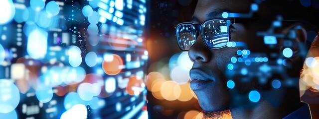 Futuristic Digital Portrait with Vibrant Neon Lights and Data Overlays