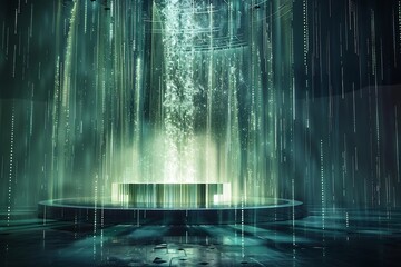 A depiction of a digital fountain where the water droplets are bits of data