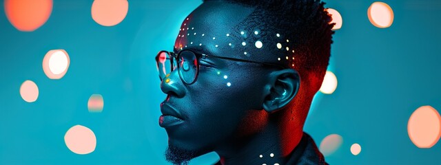 Futuristic Digital Art of Young Male with Neon Lights and Code Overlays