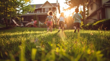 Children playing on a sunny lawn in front of a house. Concept of family, outdoor fun, and home ownership.