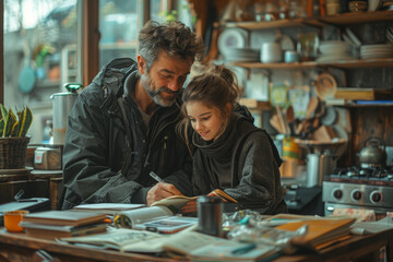 A parent helping their child with homework at the kitchen table, surrounded by textbooks and school supplies. Concept of family life and educational support. Generative Ai.