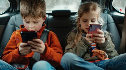 Two children are sitting in a car, both looking at their cell phones. Scene is casual and relaxed, as the children are enjoying their time together while using their devices