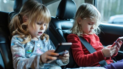 Two young girls are sitting in a car, both looking at their cell phones. Scene is casual and relaxed, as the girls are enjoying their time together while using their devices