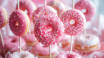 A collection of pink frosted donuts with colorful sprinkles are creatively displayed on sticks, making for a delightful and festive dessert presentation.