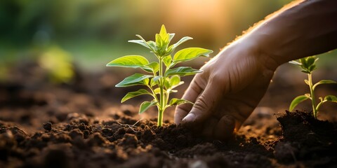 Nurturing Sustainability: Planting Seedlings in Rich Soil Under Sunlight. Concept Sustainability, Planting Seedlings, Rich Soil, Sunlight, Environmental Conservation