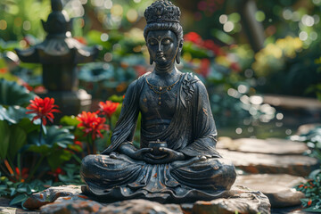 Meditating in a tranquil garden, letting go of worries and embracing inner peace. Concept of mindfulness and spiritual introspection. Generative Ai.