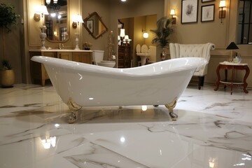 Luxurious bathroom with a freestanding bathtub and marble flooring, creating an elegant and serene environment for relaxation and pampering