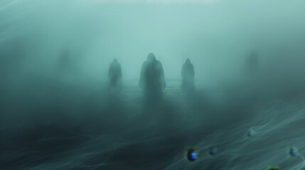An eerie digital landscape concealed by a thick fog and watched over by hooded guardians of privacy.