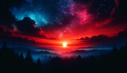 Stunning Sunset Over Misty Forest with Starry Sky