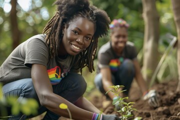 African Women Wearing Rainbow Print T-Shirts Planting Trees in Community Garden