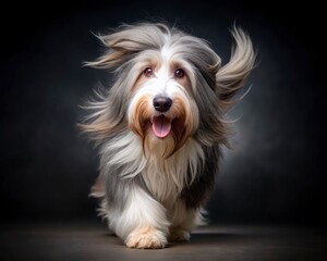 Bearded Collie dog running on a dark smoky background, looking at the camera.