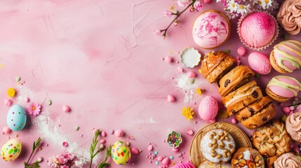 Festive Easter Background with Assorted Baked Goods and Painted Eggs