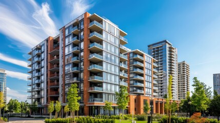 Modern apartment buildings under the daylight with a clear blue sky