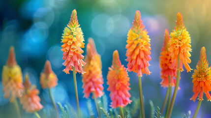 A vibrant garden scene featuring tall, bell-shaped red hot poker flowers in full bloom with yellow and orange petals