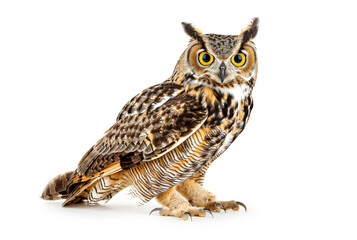 Naklejka premium A large owl with yellow eyes stands on a white background