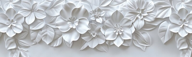 White geometric floral leaves 3d tiles wall texture background illustration banner panorama