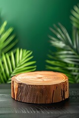A wooden podium with green background , adorned by palm leaves. The podium  for product display