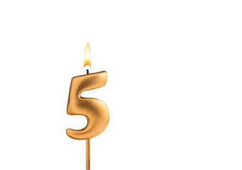 Birthday number 5 - Golden candle on white background