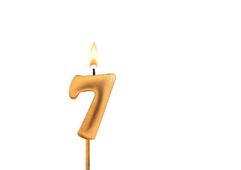 Birthday number 7 - Golden candle on white background