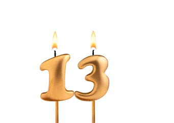 Birthday number 13 - Golden candle on white background