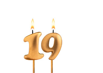 Birthday number 19 - Golden candle on white background