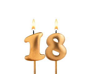 Golden candle number 18 - Birthday on white background