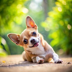 Chihuahua dog lying on grass on blurred summer natural background, looking at the camera.