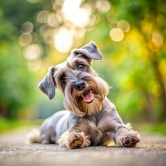 Cesky Terrier dog lying on grass on blurred summer natural background, looking at the camera.