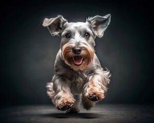 Cesky Terrier dog running on a dark smoky background, looking at the camera.