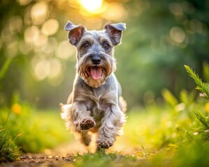 Cesky Terrier dog running on grass on blurred summer natural background and looking at the camera.