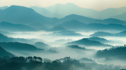 Fog enveloping the mountains in the morning rays of light.