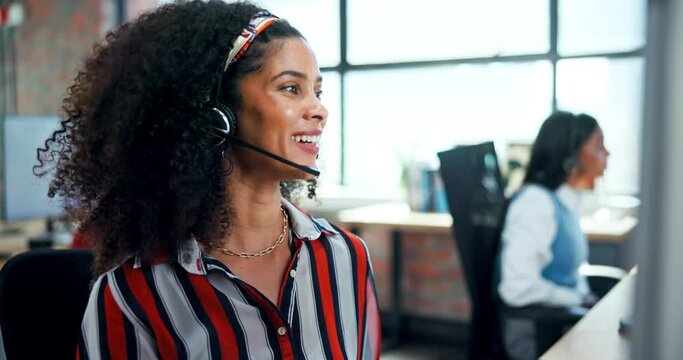 Call center, woman and customer service consultant in office for crm, faq or b2b networking. Telemarketing, sales and contact us for technical support, help and advice for problem solving ideas