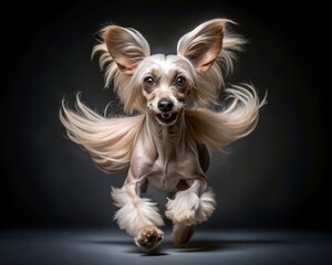 Chinese Crested dog running on a dark smoky background, looking at the camera.