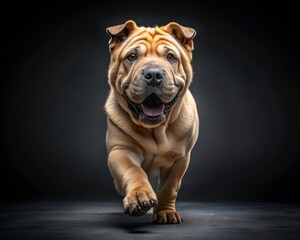 Chinese Shar-Pei dog running on a dark smoky background, looking at the camera.