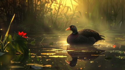 Morning light illuminates Common Moorhen at a pond
