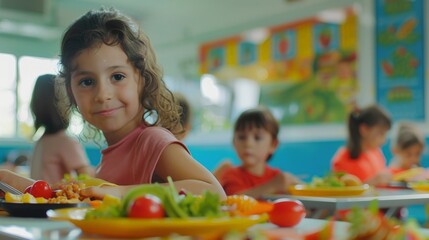 Happy Children in a School Nutrition Program Enjoying Healthy Meals in Vibrant Cafeteria with Nutritional Awareness Posters
